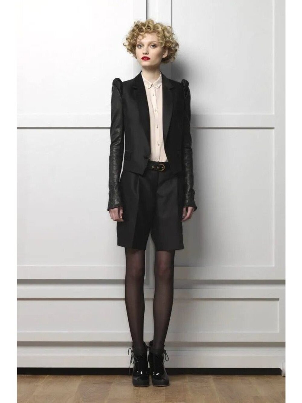 VIKTOR & ROLF Wool Silk Leather Sleeve Tailored Blazer Jacket Black Size 38
